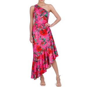 ELIZA J - Floral One Shoulder Sleeveless Asymmetrical Ruffle Hem Dress